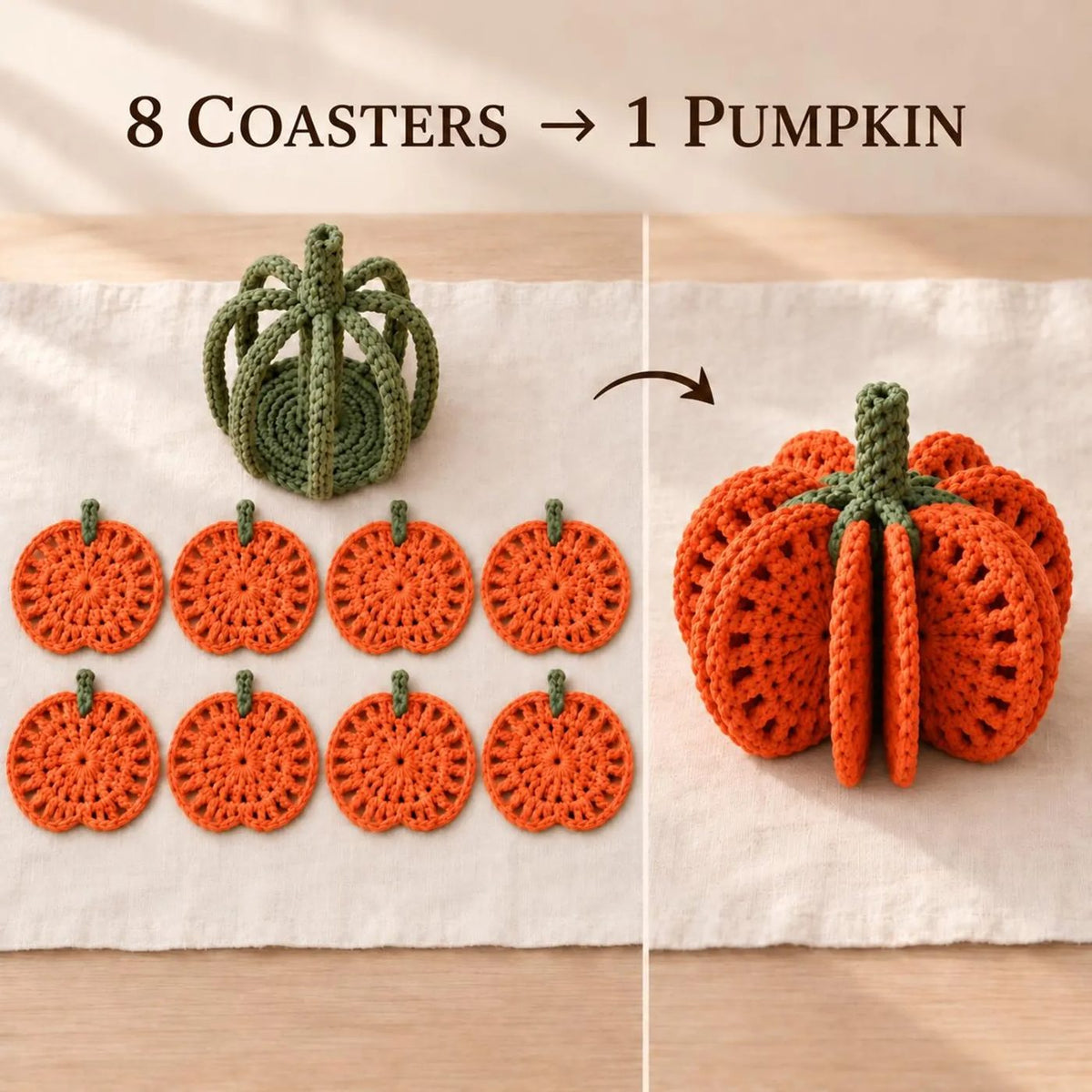 Eight coasters laid out next to the assembled pumpkin